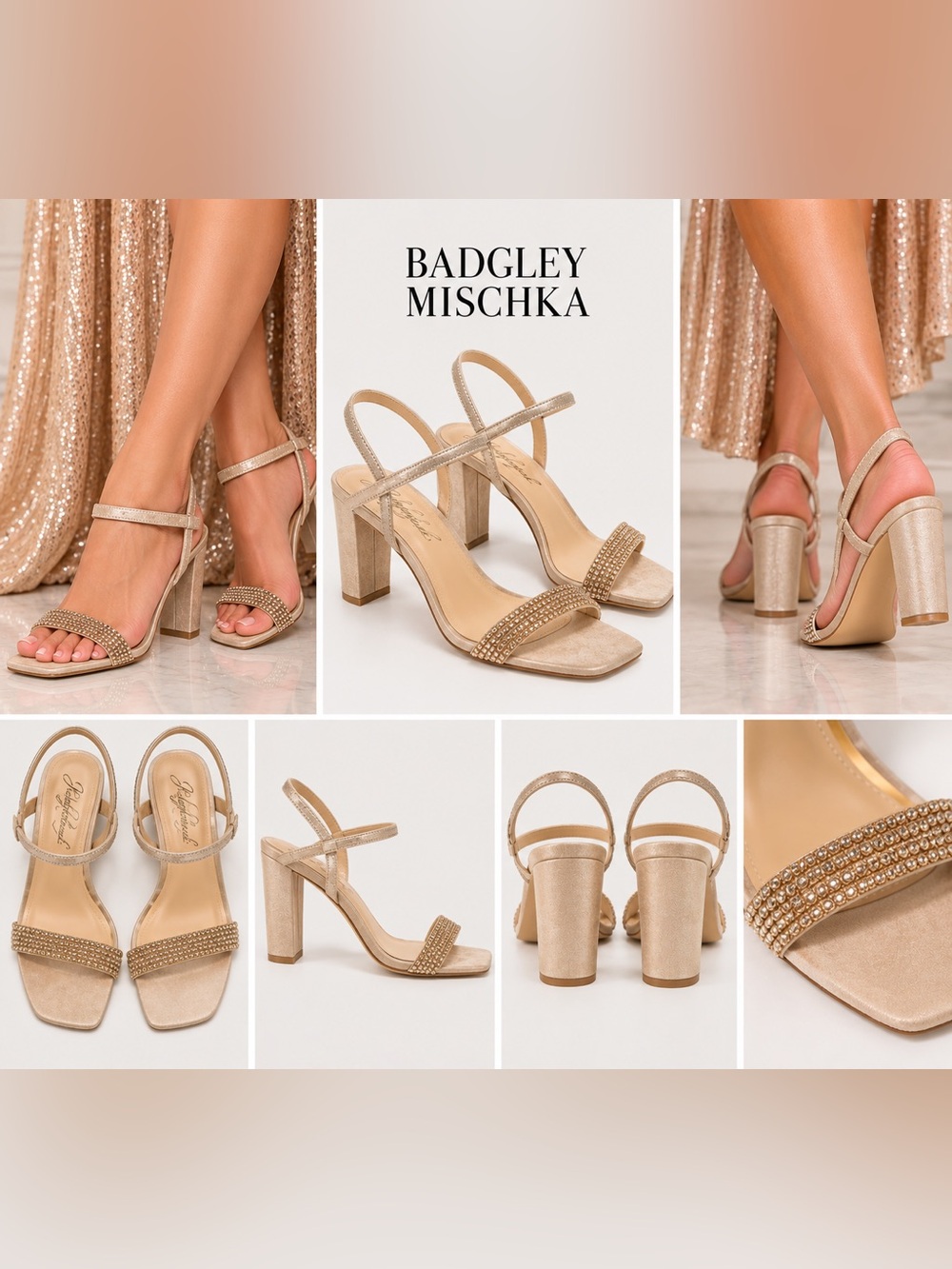 Badgley Mischka Gold Rhinestone Strappy Block Heels Size 6
